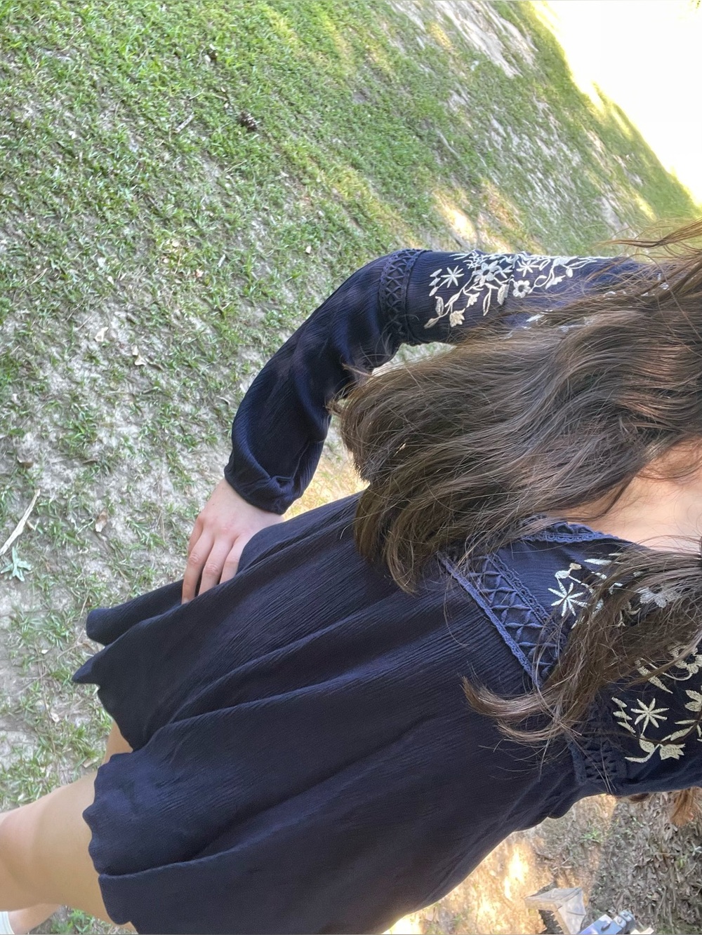 Navy blue long sleeve floral embroidered babydoll dress